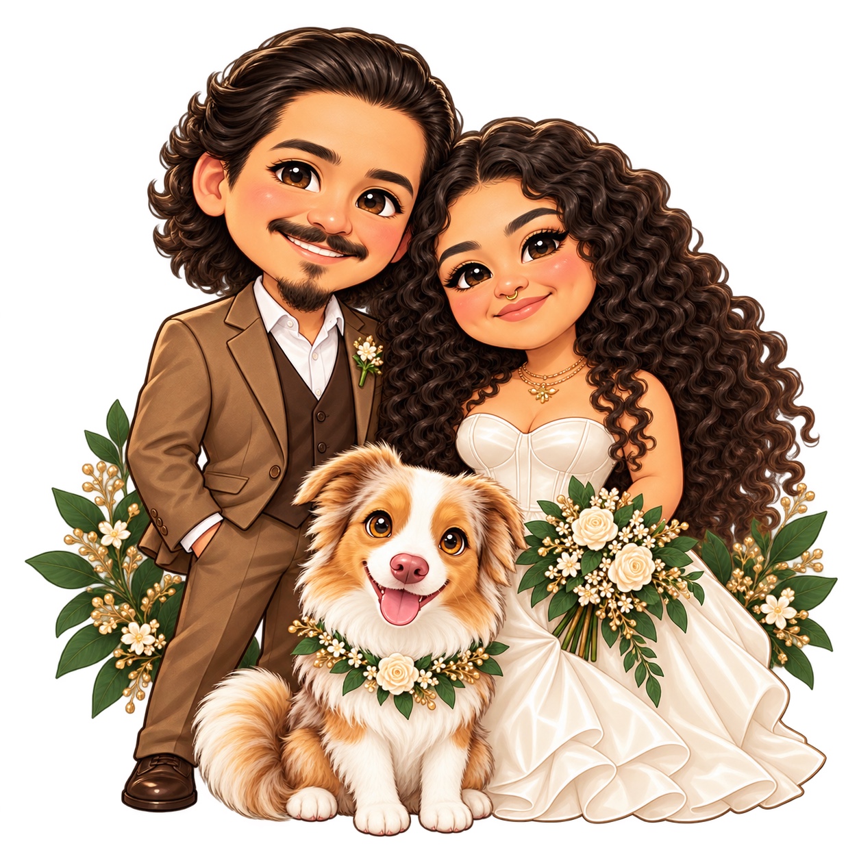Chibi illustration of Yasmin, Marcelo, and their dog dressed for the wedding